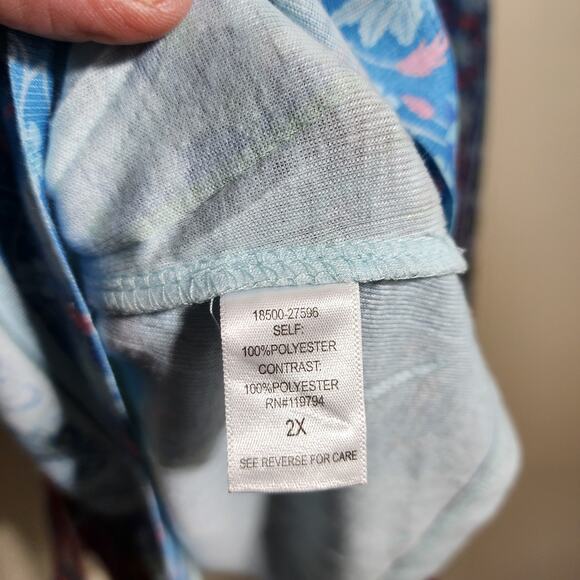 Emerald colorful floral print shark bite hem crochet back blouse woman's size 2X - Picture 7 of 10